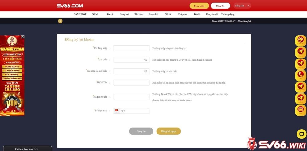 Biểu mẫu đăng ký tài khoản mới chơi game Xúc Xắc Phú Quý tại SV66
